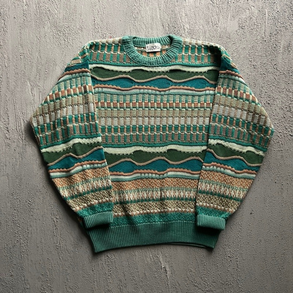 Vintage Tundra Sweater Large Green 1990s 3D Knit Coogi Style Abstract Chunky